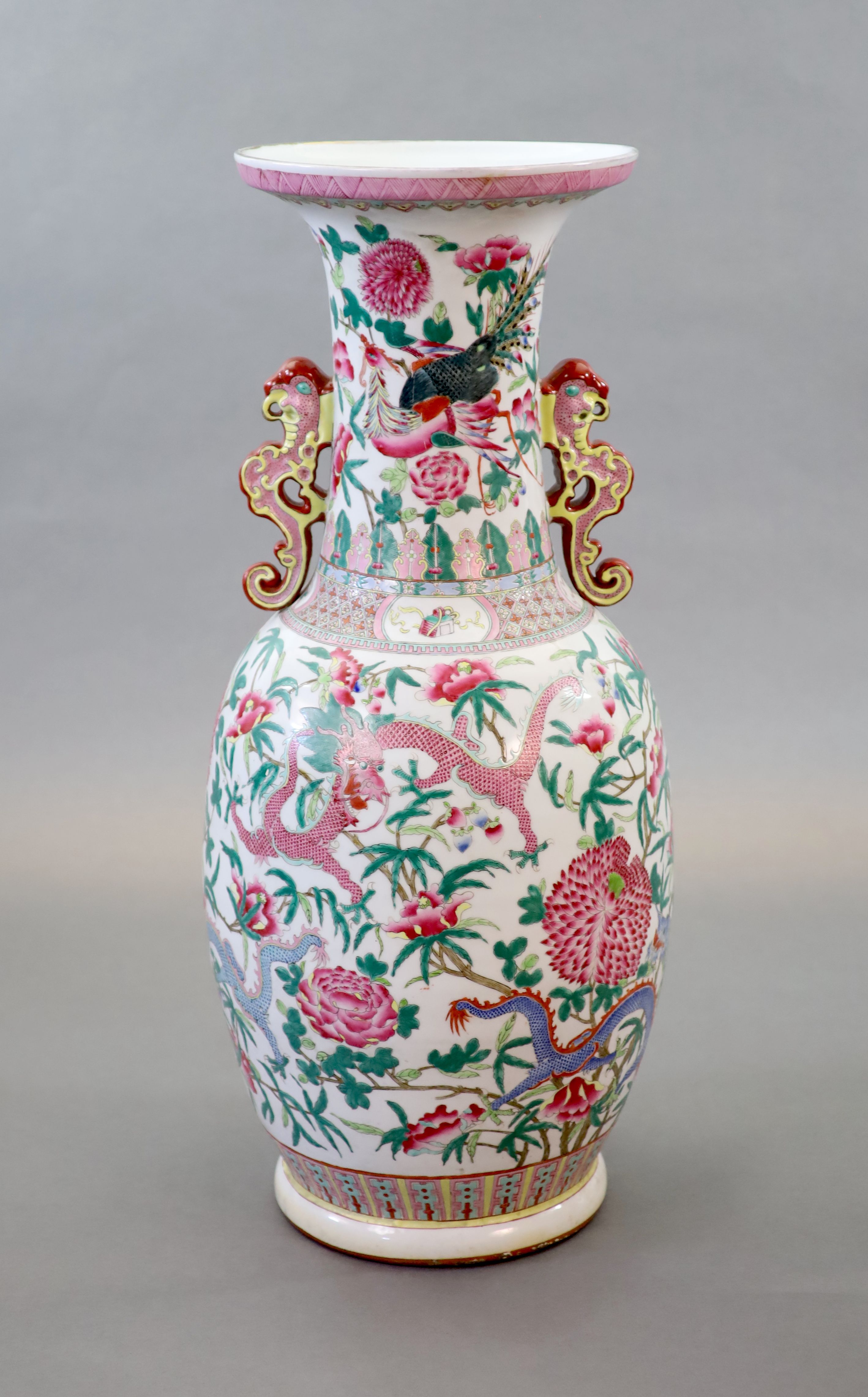 A massive Chinese famille rose 'dragon and phoenix' vase, 20th century, 91cm high